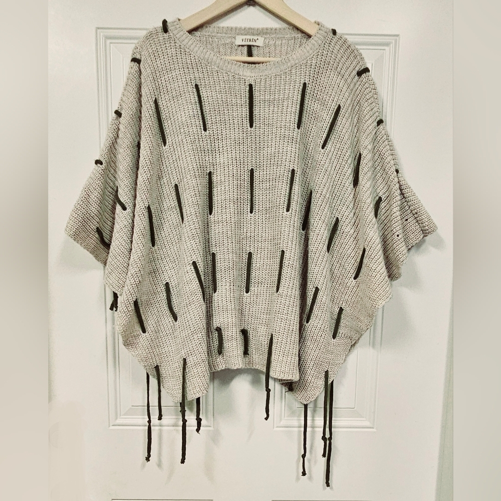 Boho lagenlook Kaftan knit Poncho Kimono Shawl Top onesize fit all green tan
